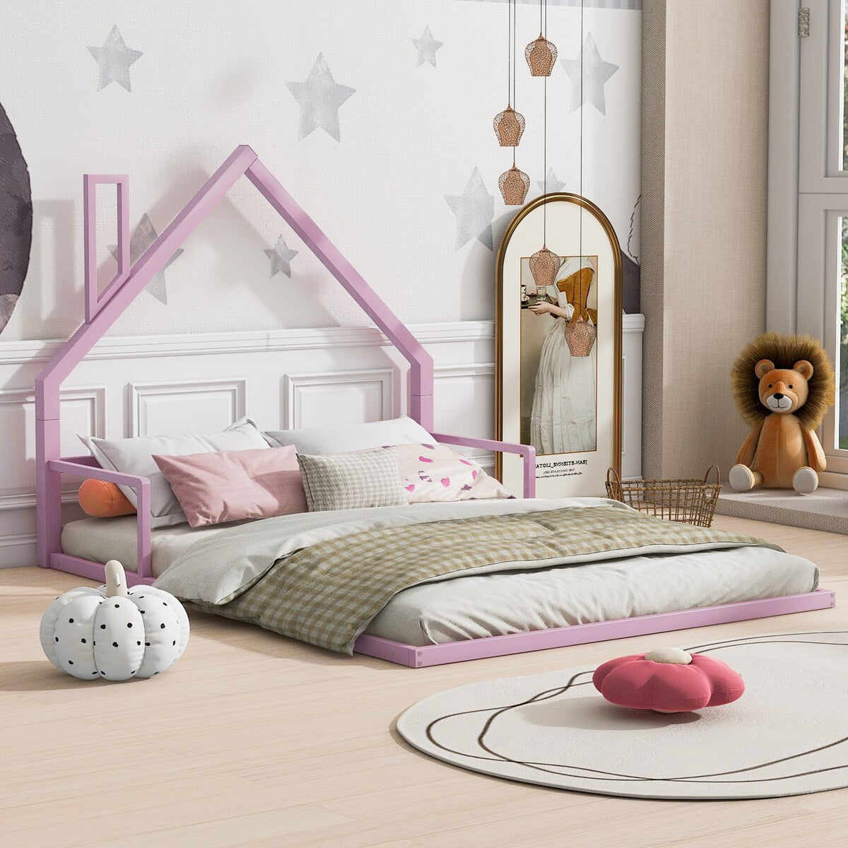 White Full Metal Floor Bed with House-Shaped Headboard