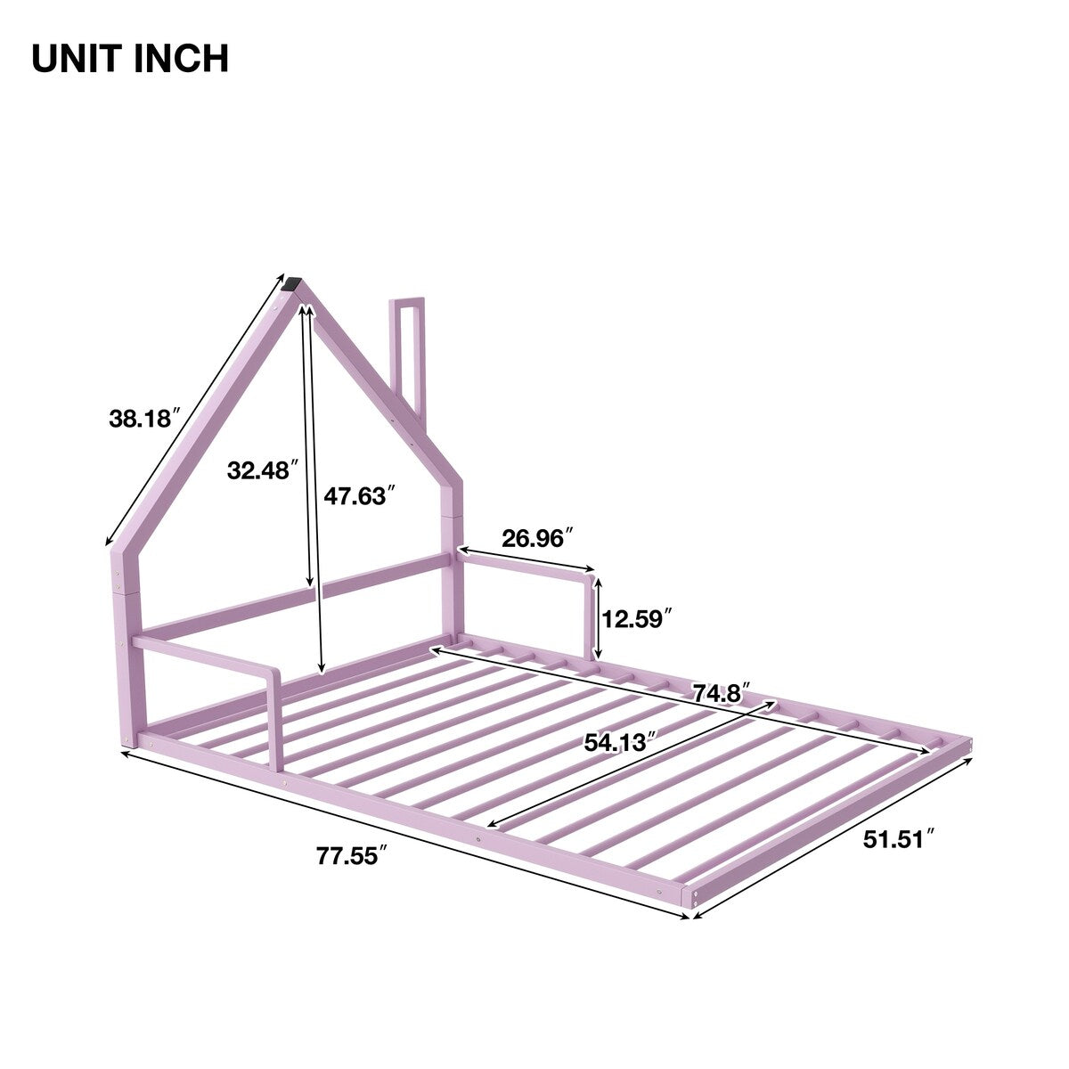 White Full Metal Floor Bed with House-Shaped Headboard