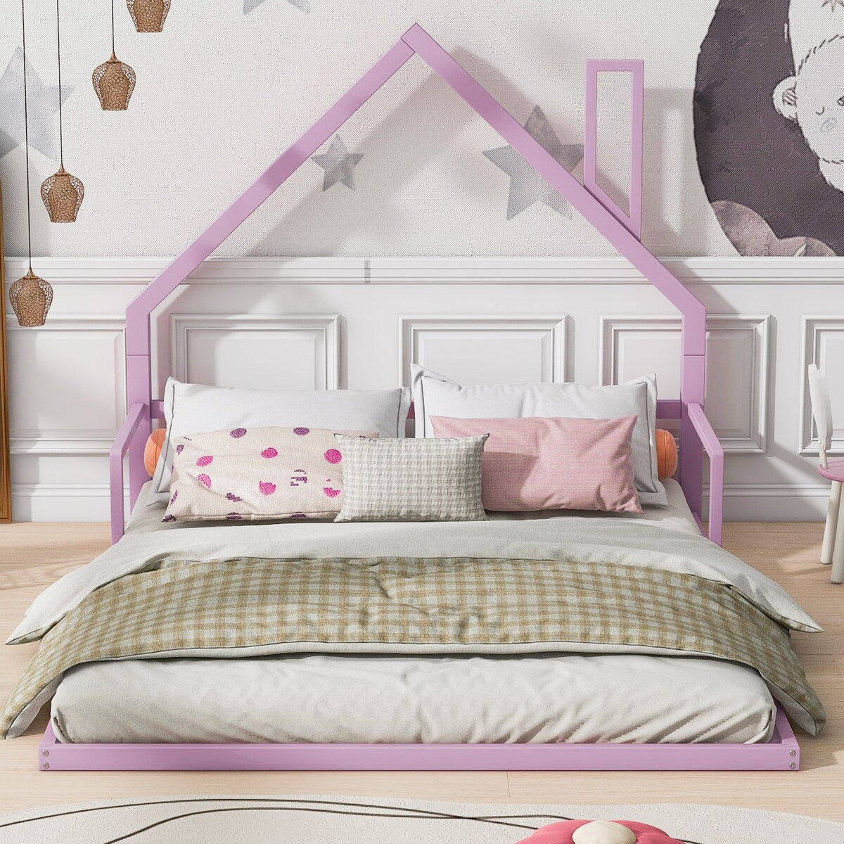 White Full Metal Floor Bed with House-Shaped Headboard