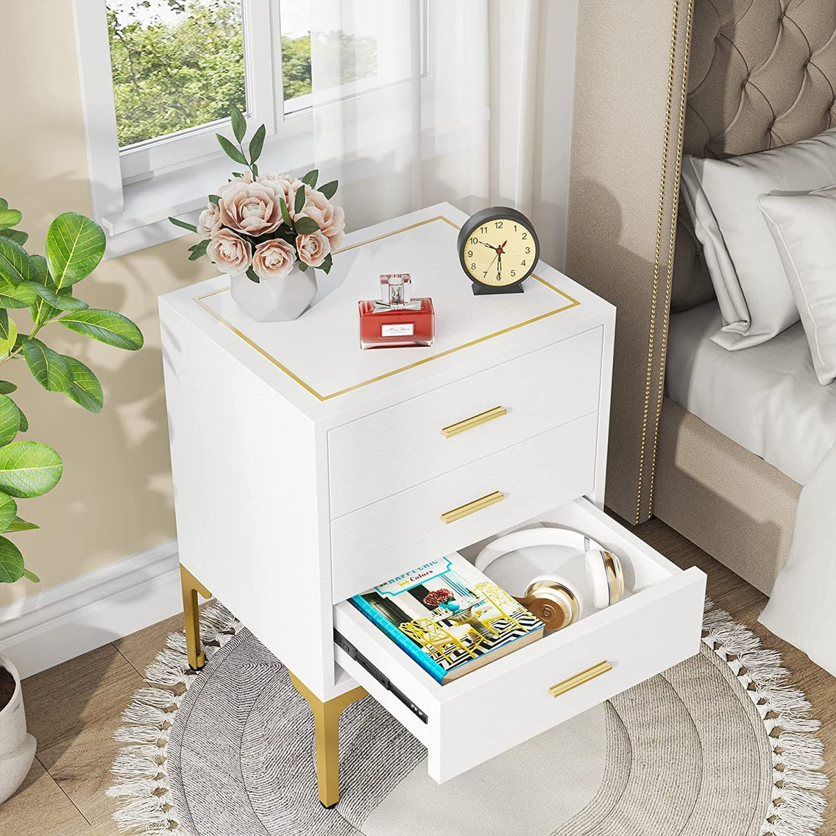 White Gold Nightstand, Modern 3 Drawers Bed Side Table for Bedroom
