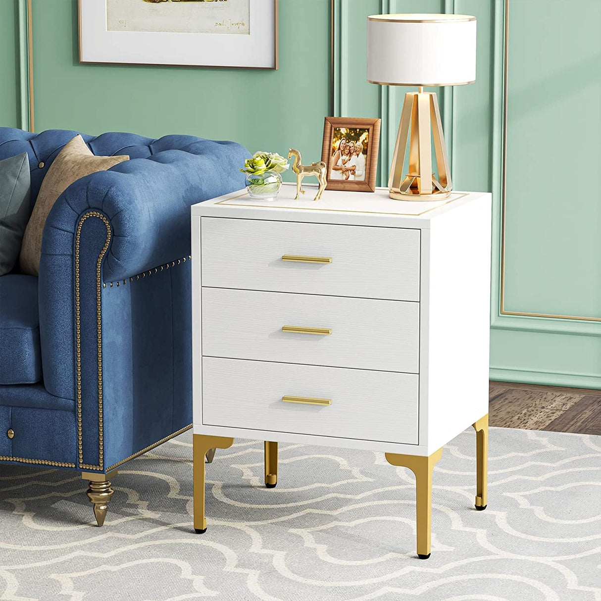 White Gold Nightstand, Modern 3 Drawers Bed Side Table for Bedroom
