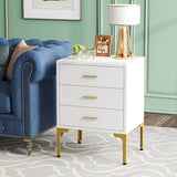 White Gold Nightstand, Modern 3 Drawers Bed Side Table for Bedroom