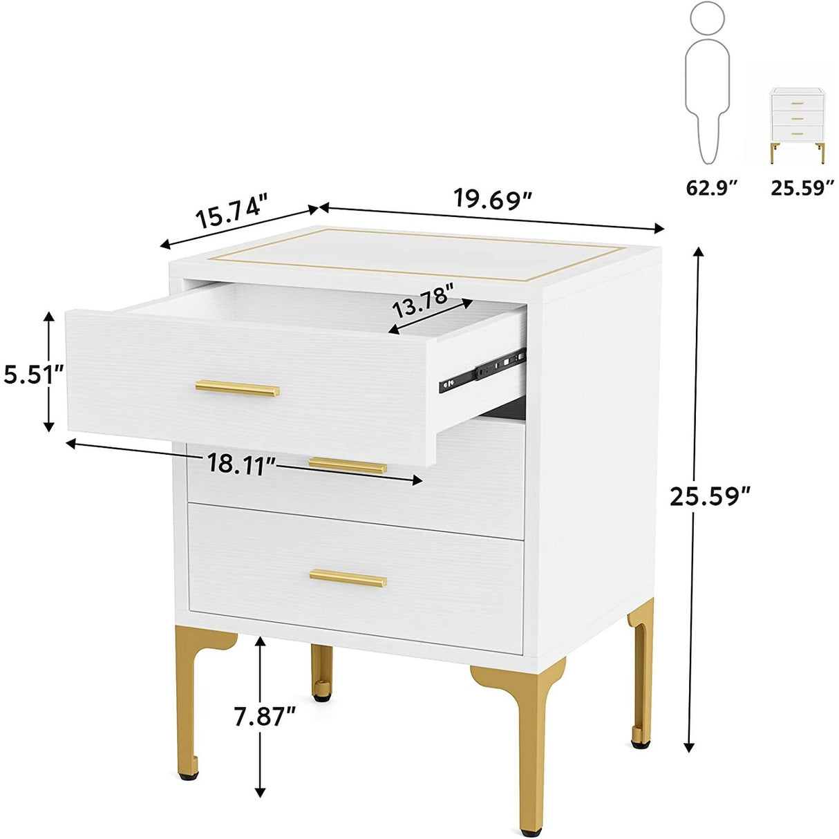 White Gold Nightstand, Modern 3 Drawers Bed Side Table for Bedroom