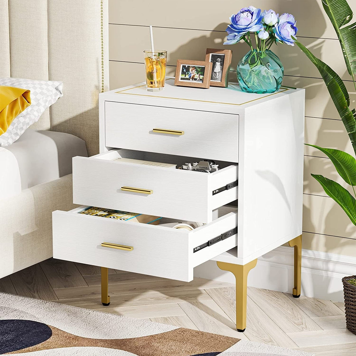 White Gold Nightstand, Modern 3 Drawers Bed Side Table for Bedroom