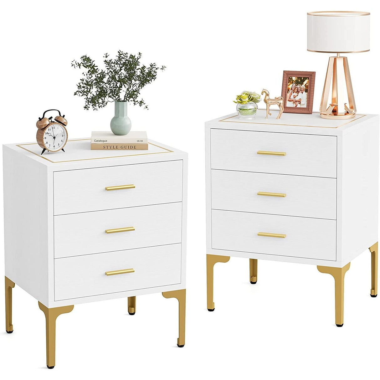 White Gold Nightstand, Modern 3 Drawers Bed Side Table for Bedroom