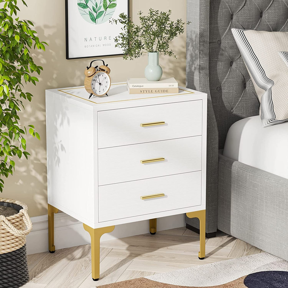White Gold Nightstand, Modern 3 Drawers Bed Side Table for Bedroom