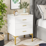 White Gold Nightstand, Modern 3 Drawers Bed Side Table for Bedroom
