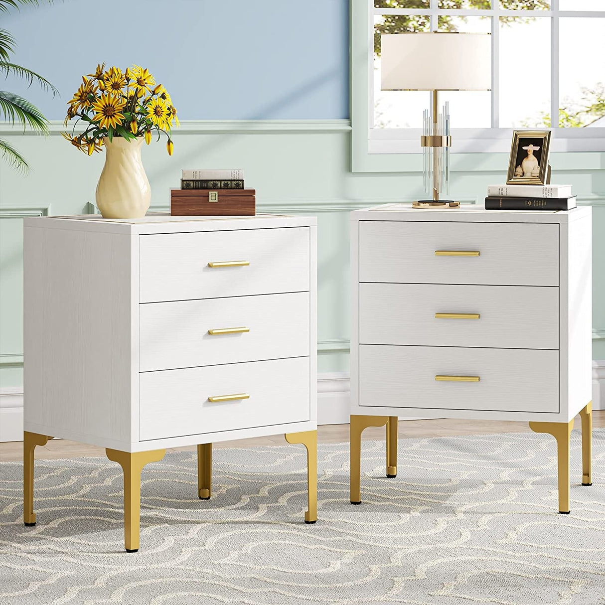 White Gold Nightstand, Modern 3 Drawers Bed Side Table for Bedroom