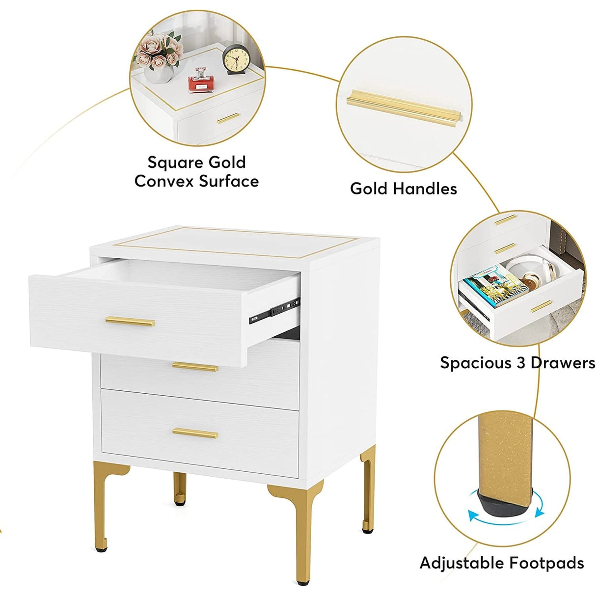 White Gold Nightstand, Modern 3 Drawers Bed Side Table for Bedroom