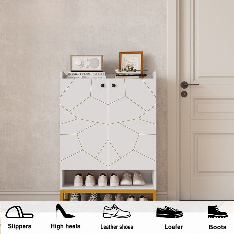 White Gold Shoe Storage Cabinet for Entryway, Modern Free Standing Shoe Cabinet Storage Organizer