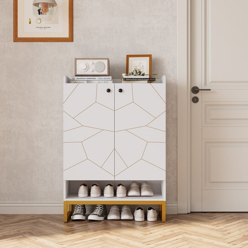 White Gold Shoe Storage Cabinet for Entryway, Modern Free Standing Shoe Cabinet Storage Organizer