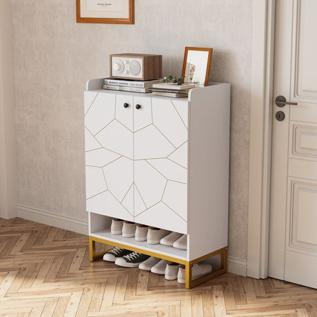 White Gold Shoe Storage Cabinet for Entryway, Modern Free Standing Shoe Cabinet Storage Organizer