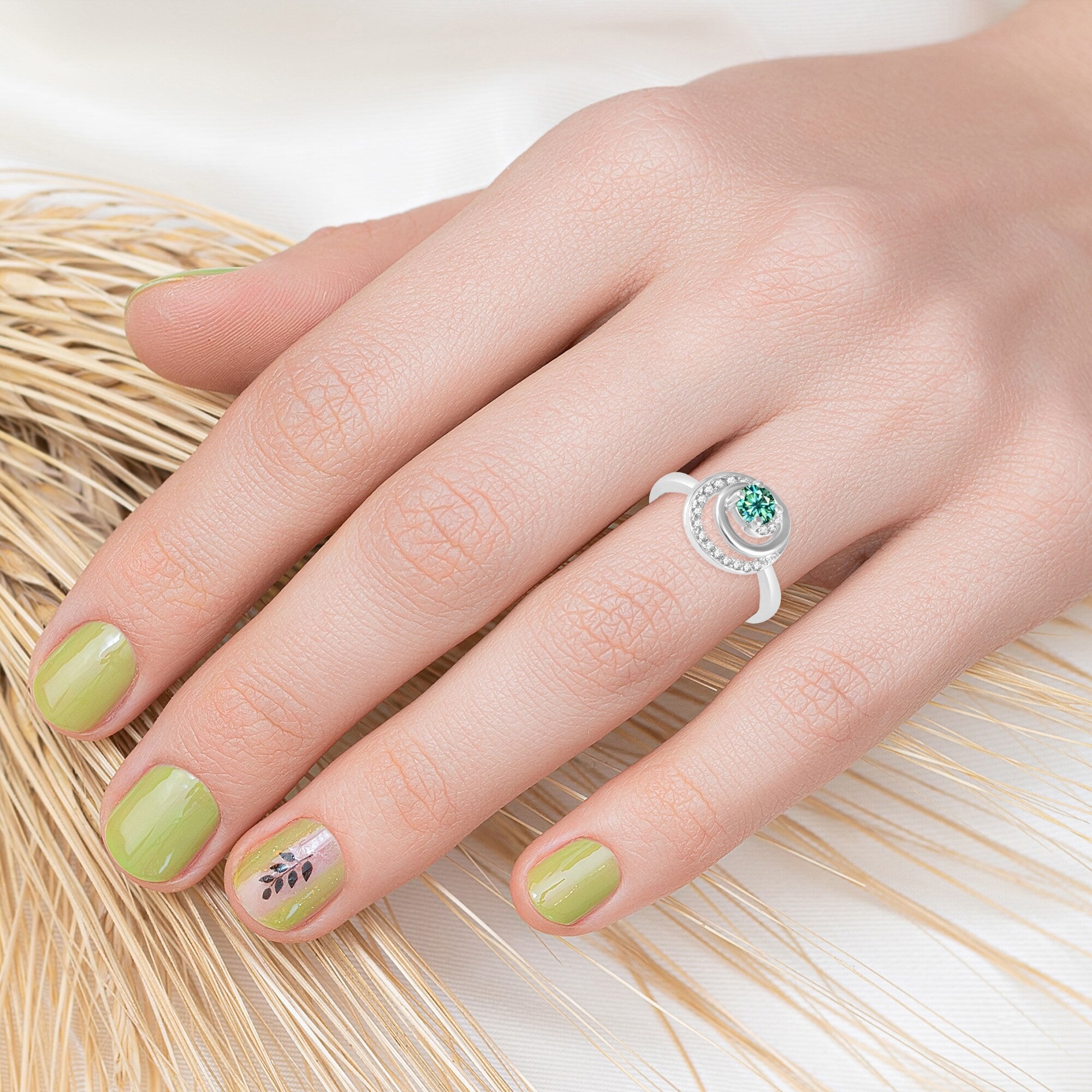 White Gold Green Moissanite and White Diamond Solitaire Ring