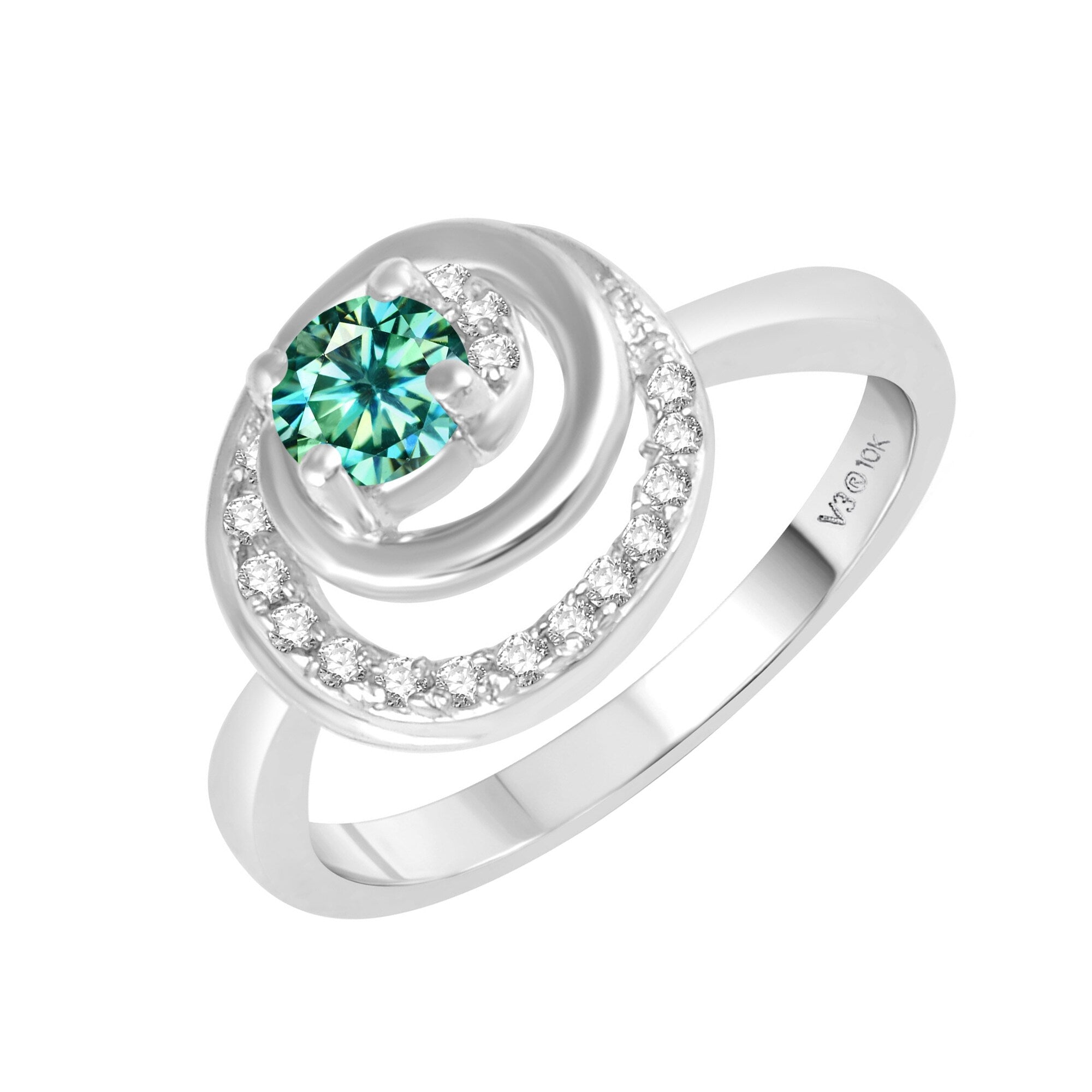 White Gold Green Moissanite and White Diamond Solitaire Ring