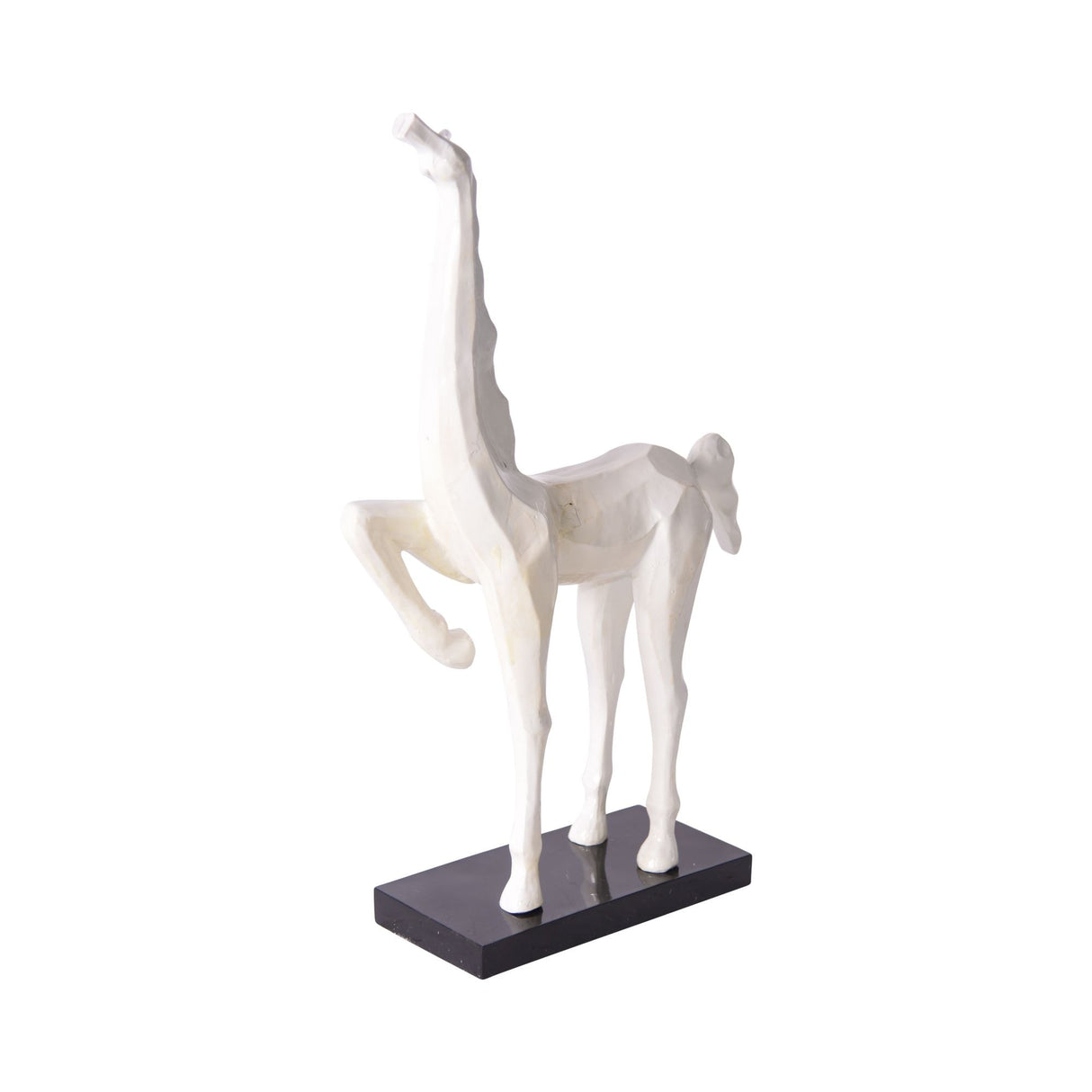 White Horse Hoof Up Statue With Black Base - L