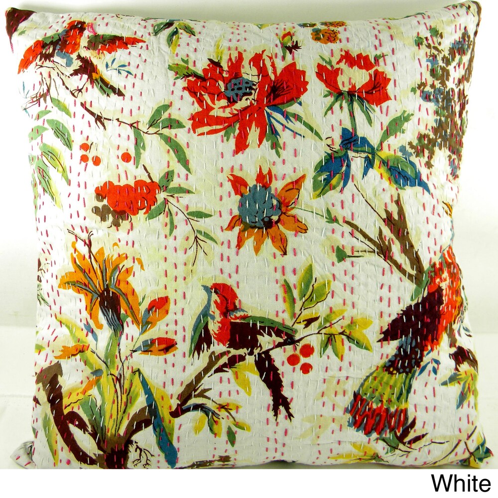 Ethnic Kantha Stitch Tropical Birds Cushion Cover , Handmade in India