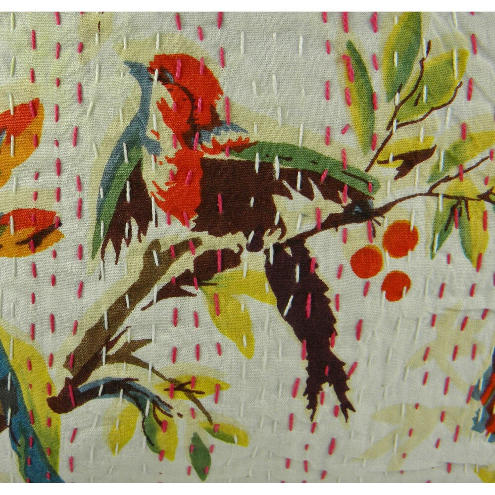 Ethnic Kantha Stitch Tropical Birds Cushion Cover , Handmade in India