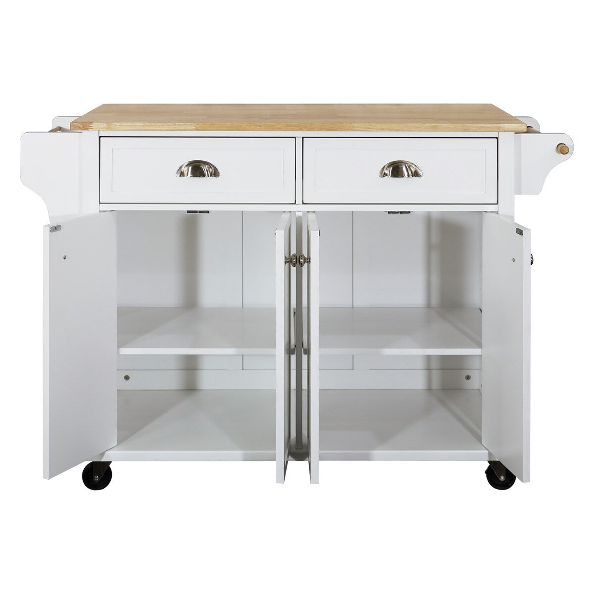 White Kitchen Island with Drop-Leaf Countertop and Casters