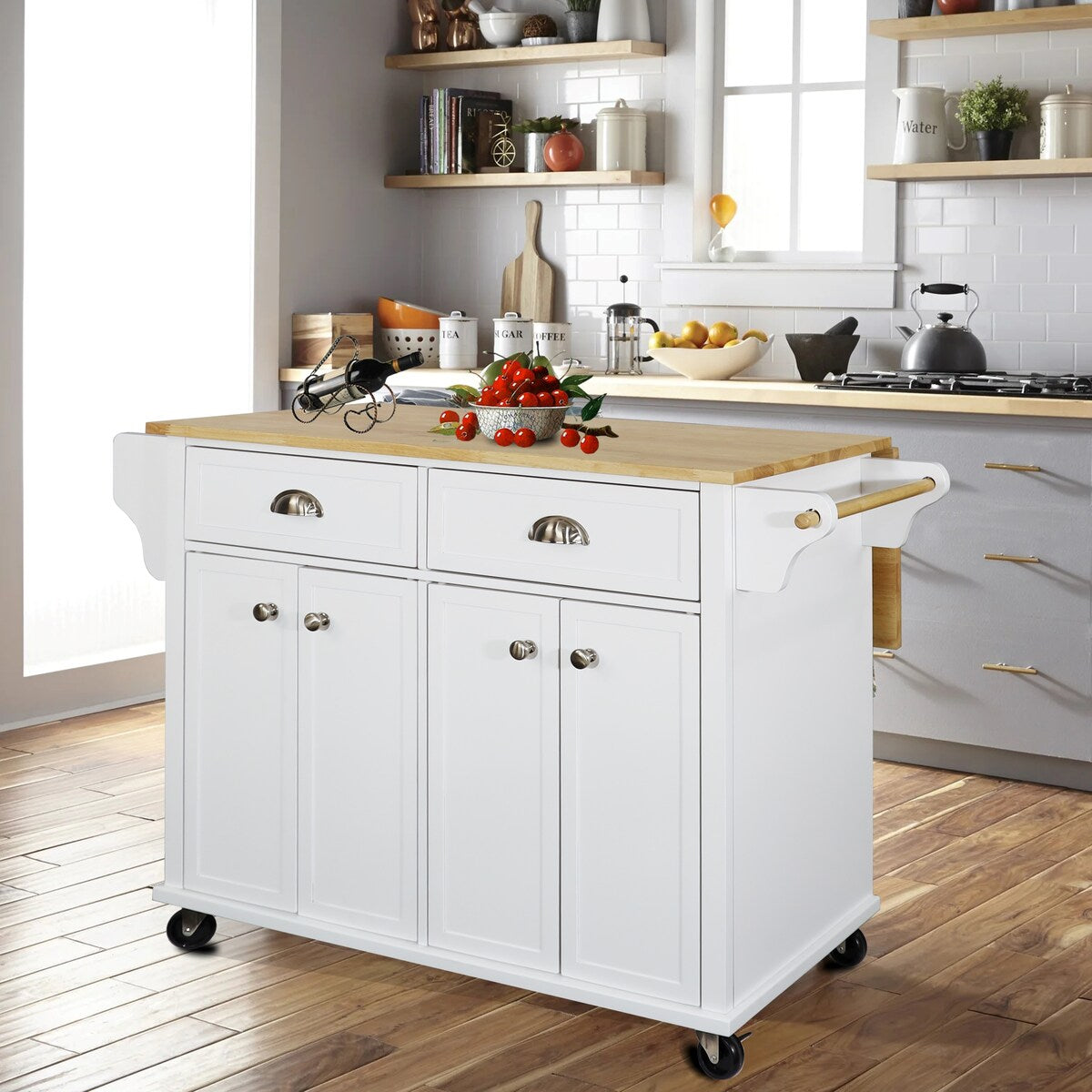 White Kitchen Island with Drop-Leaf Countertop and Casters