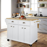 White Kitchen Island with Drop-Leaf Countertop and Casters