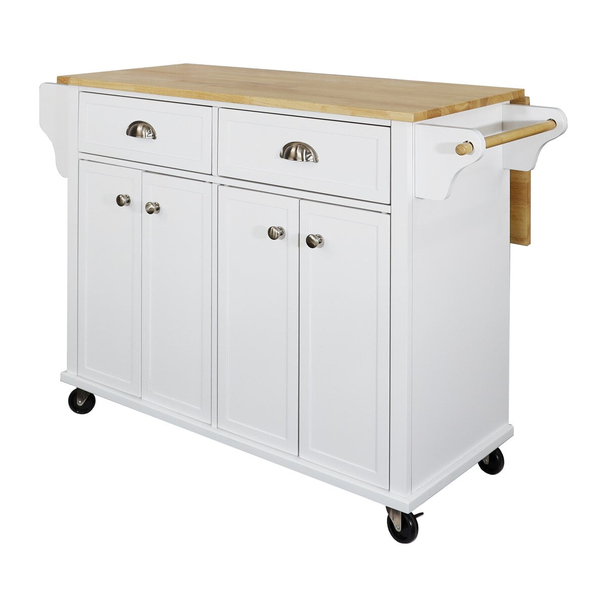 White Kitchen Island with Drop-Leaf Countertop and Casters