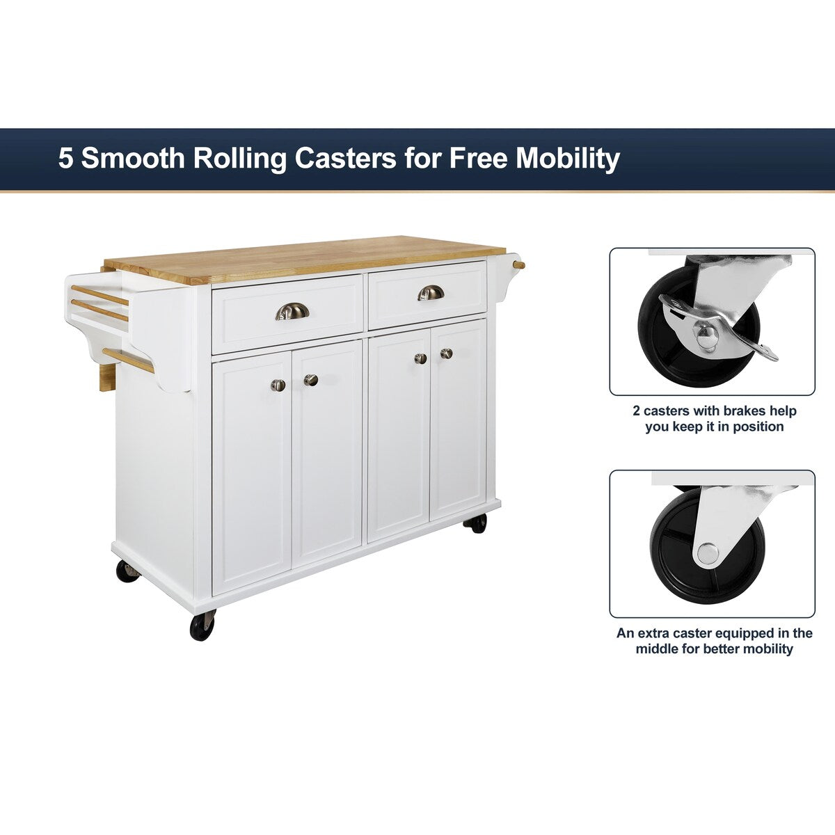 White Kitchen Island with Drop-Leaf Countertop and Casters