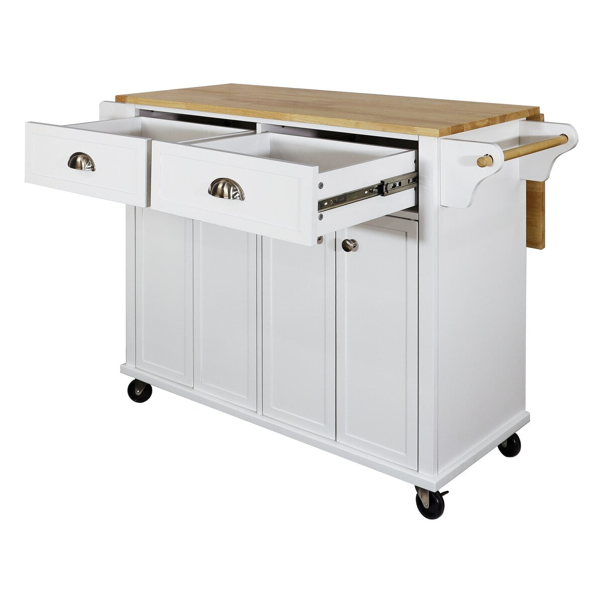 White Kitchen Island with Drop-Leaf Countertop and Casters