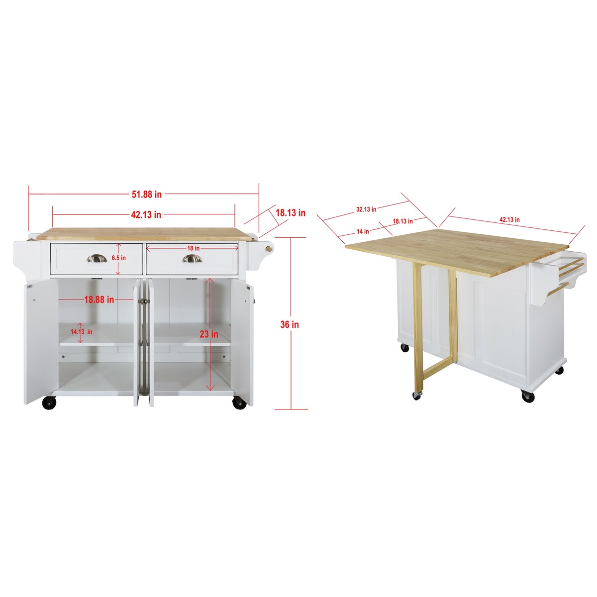 White Kitchen Island with Drop-Leaf Countertop and Casters