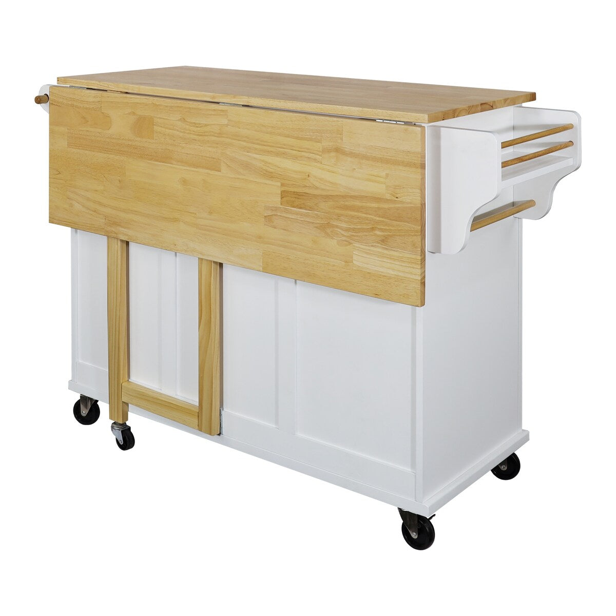White Kitchen Island with Drop-Leaf Countertop and Casters