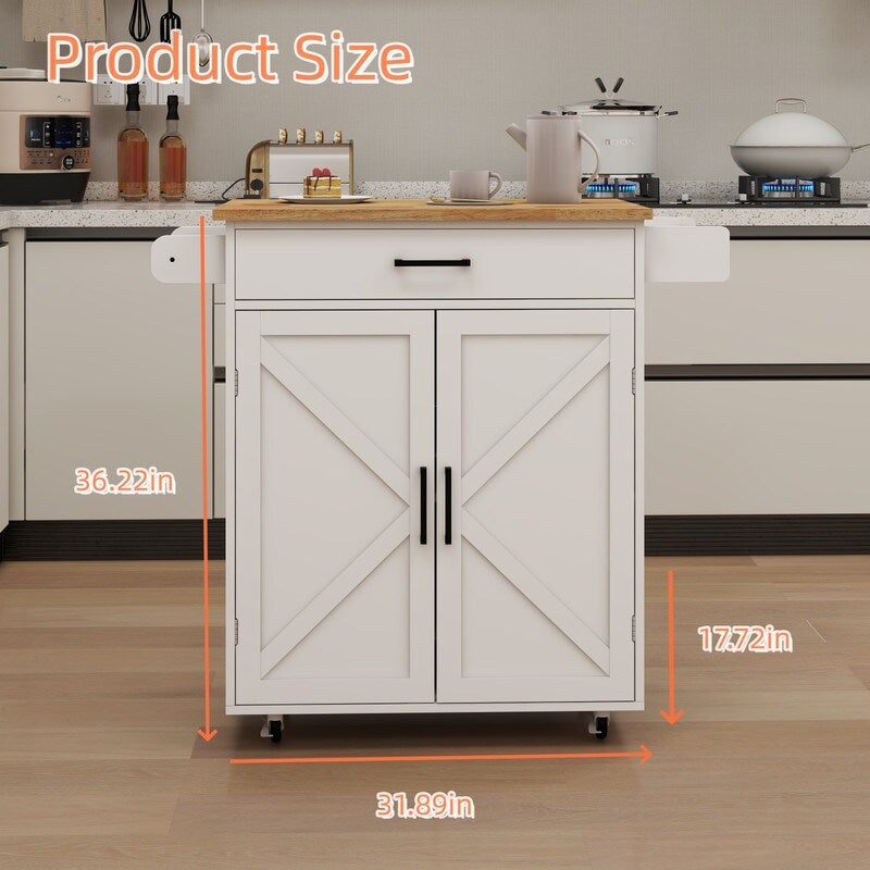 White Kitchen island rolling trolley cart with Adjustable Shelves & towel rack & seasoning rack rubber wood table top