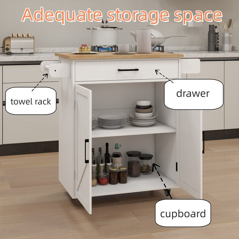 White Kitchen island rolling trolley cart with Adjustable Shelves & towel rack & seasoning rack rubber wood table top
