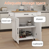 White Kitchen island rolling trolley cart with Adjustable Shelves & towel rack & seasoning rack rubber wood table top