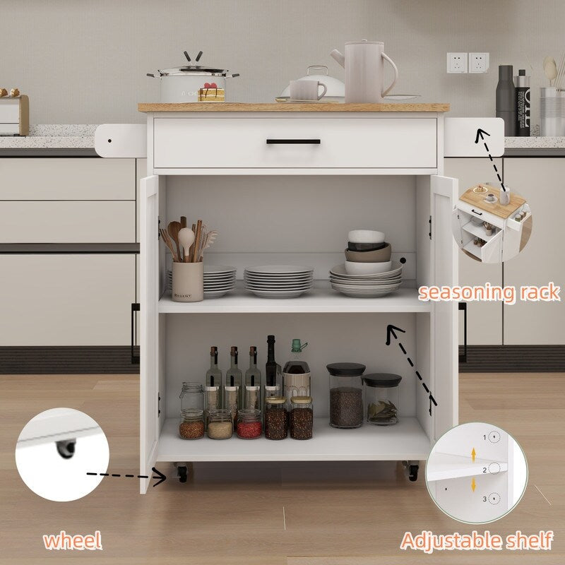 White Kitchen island rolling trolley cart with Adjustable Shelves & towel rack & seasoning rack rubber wood table top
