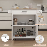 White Kitchen island rolling trolley cart with Adjustable Shelves & towel rack & seasoning rack rubber wood table top