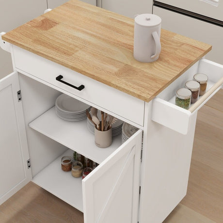 White Kitchen island rolling trolley cart with Adjustable Shelves & towel rack & seasoning rack rubber wood table top
