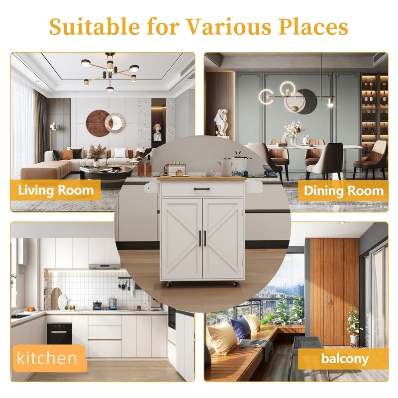 White Kitchen island rolling trolley cart with Adjustable Shelves & towel rack & seasoning rack rubber wood table top