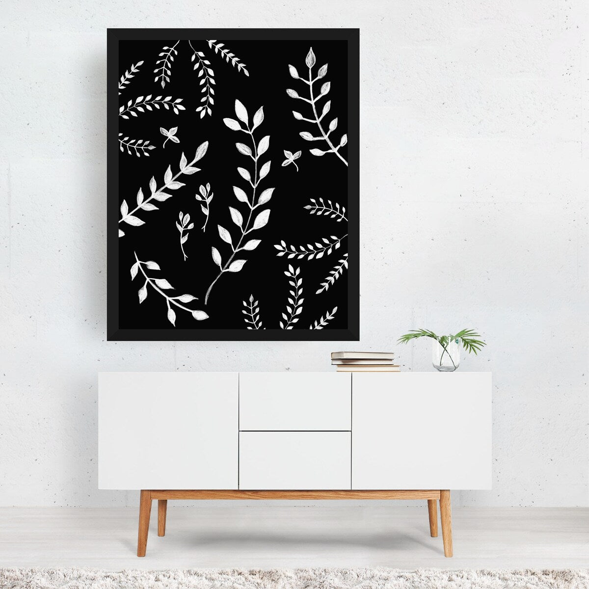 White Leaves Pattern 3 Painting Black White Botany Art Print/Poster