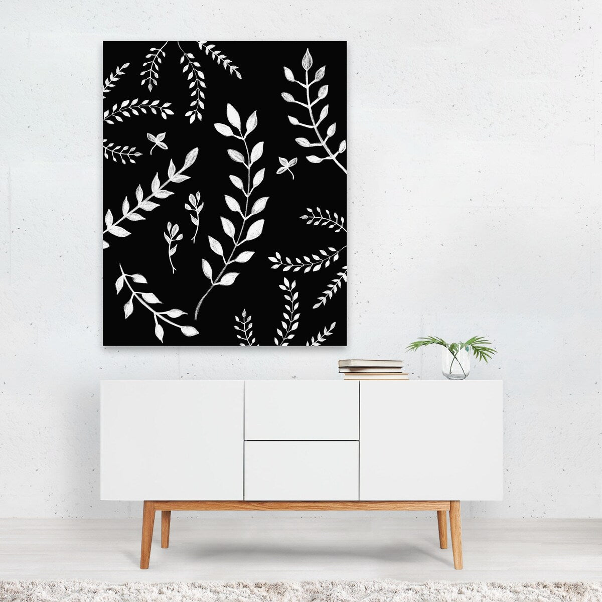 White Leaves Pattern 3 Painting Black White Botany Art Print/Poster