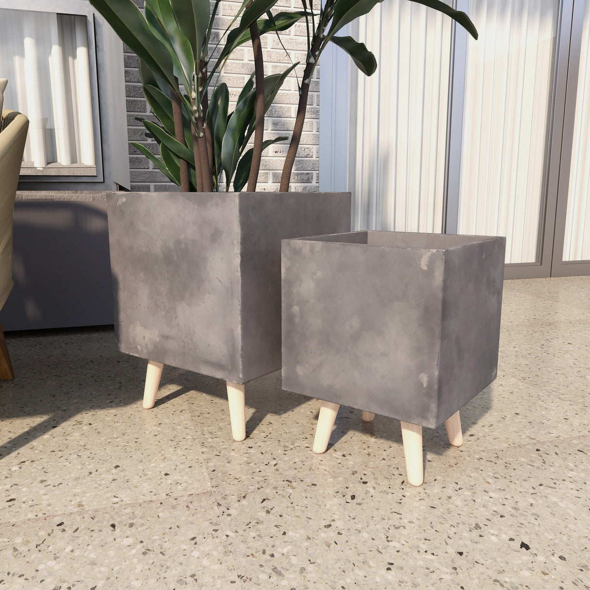 White Light Grey or Grey Fiber Clay Boho Modern Planter Pot (Set of 2) - S/2 15", 18"H
