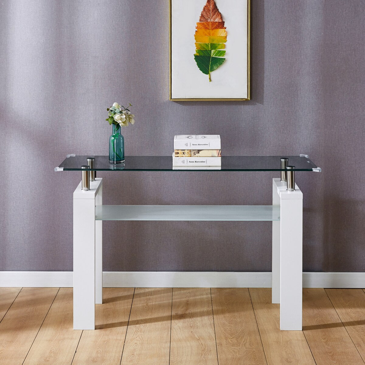 White MDF Console Table; Tempered Glass Top,Foyer Sofa Table Narrow for Entryway, Living Room, Hallway - 47.2"