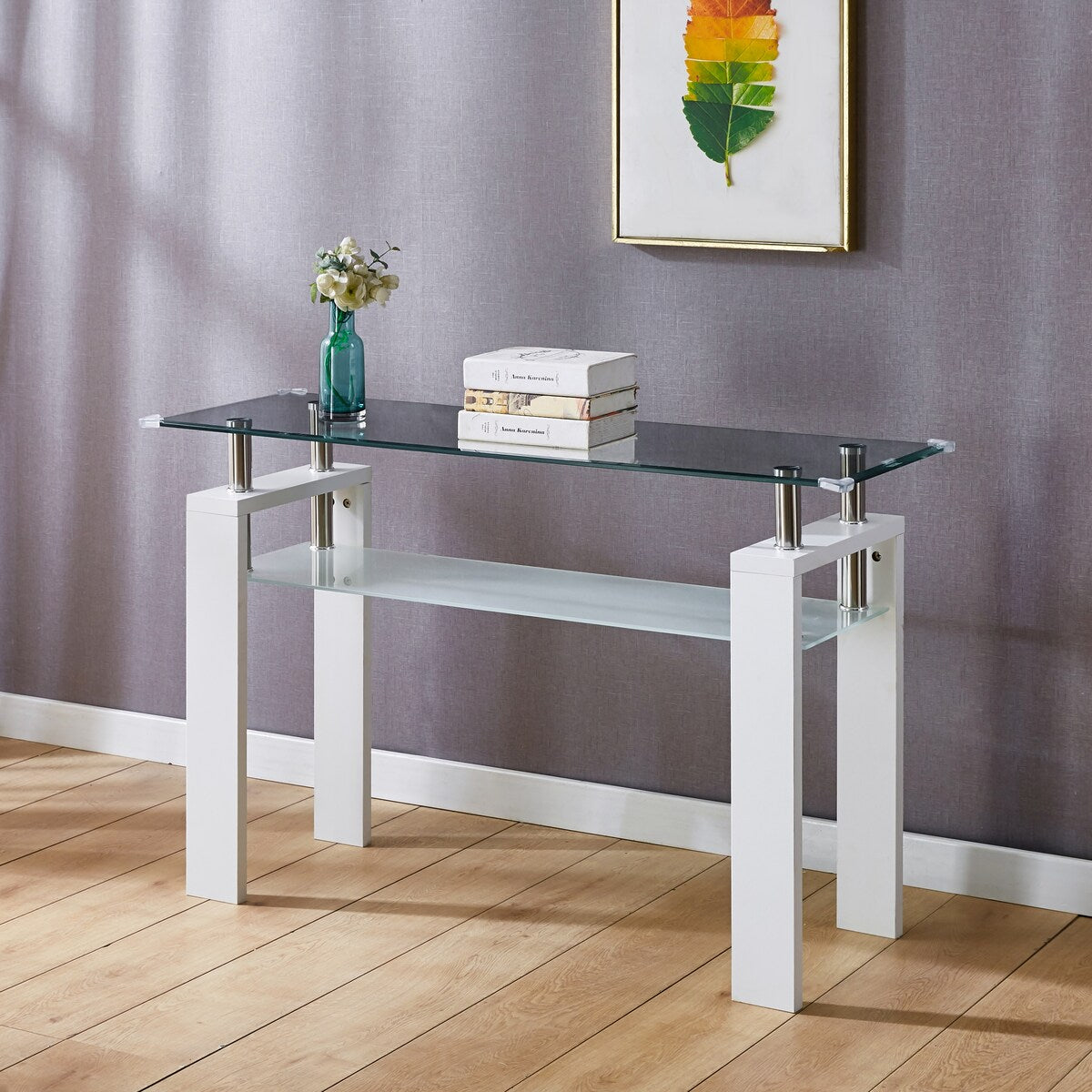 White MDF Console Table; Tempered Glass Top,Foyer Sofa Table Narrow for Entryway, Living Room, Hallway - 47.2"