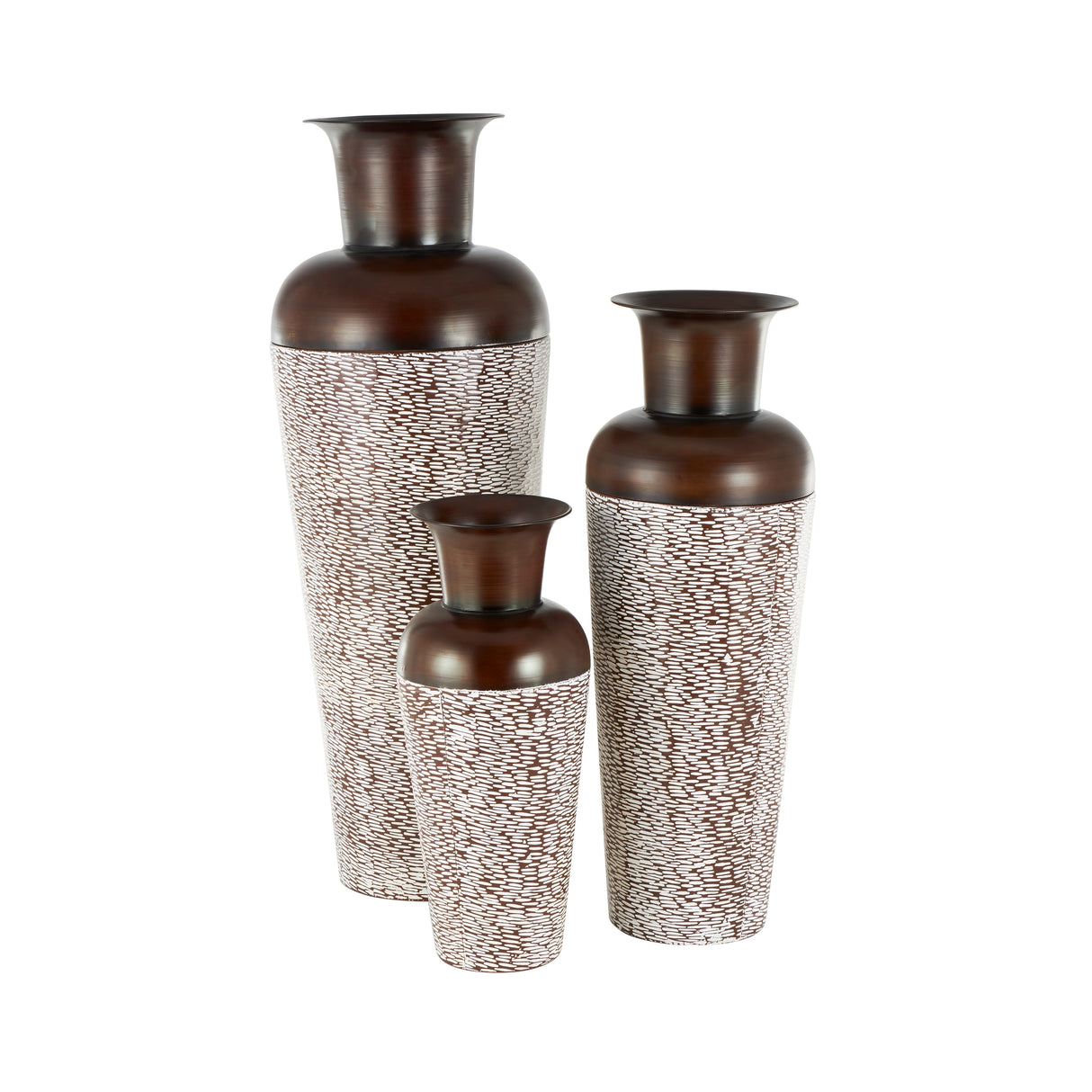 White Metal Tall Floor Vase with Brown Trumpet Tops (Set of 3)