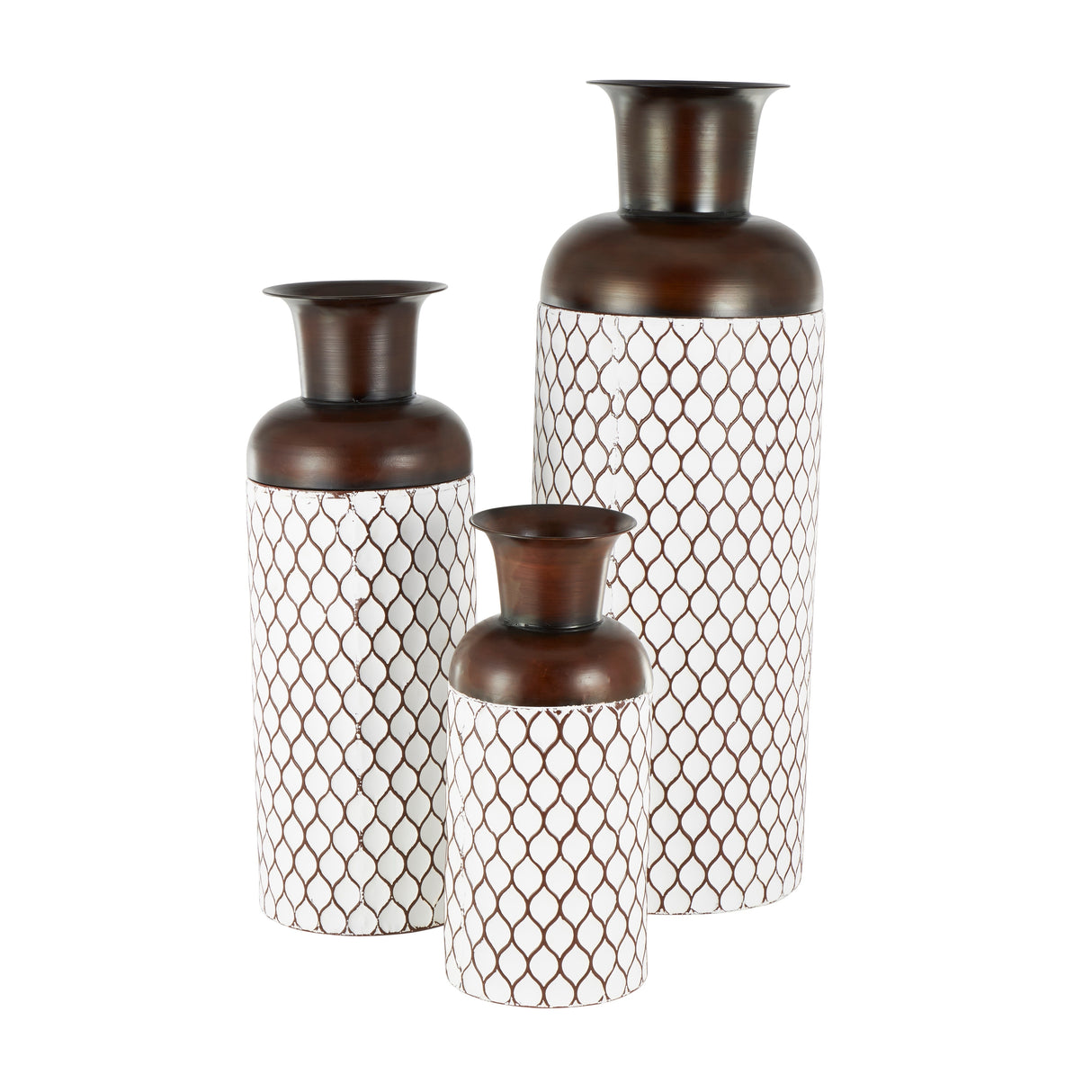 White Metal Tall Floor Vase with Brown Trumpet Tops (Set of 3)