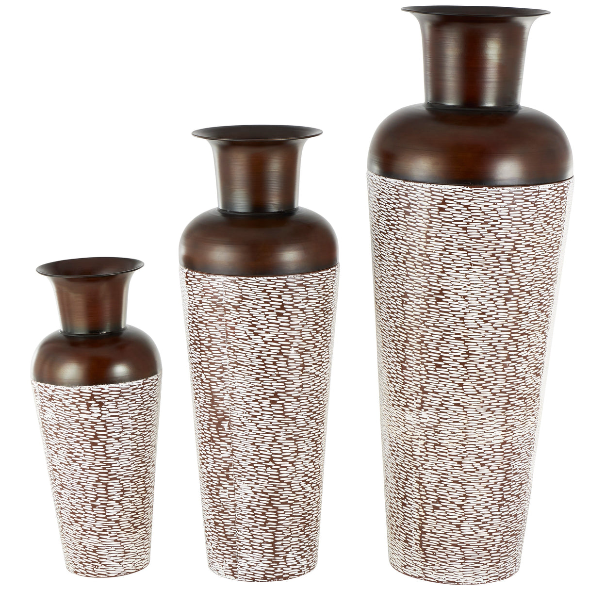 White Metal Tall Floor Vase with Brown Trumpet Tops (Set of 3)
