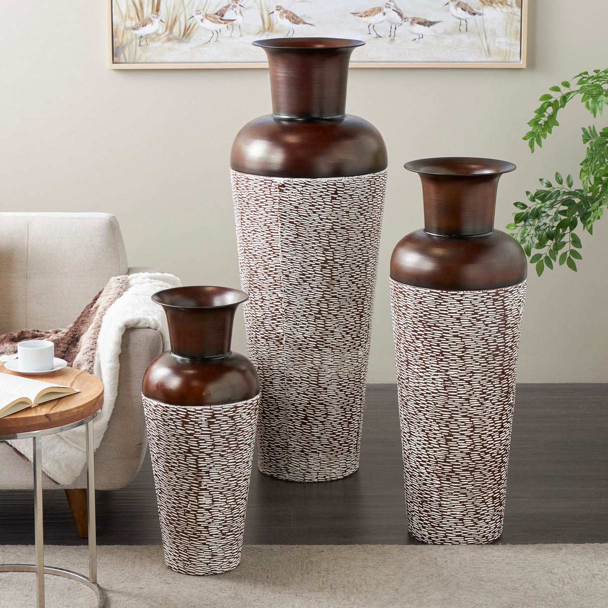 White Metal Tall Floor Vase with Brown Trumpet Tops (Set of 3)