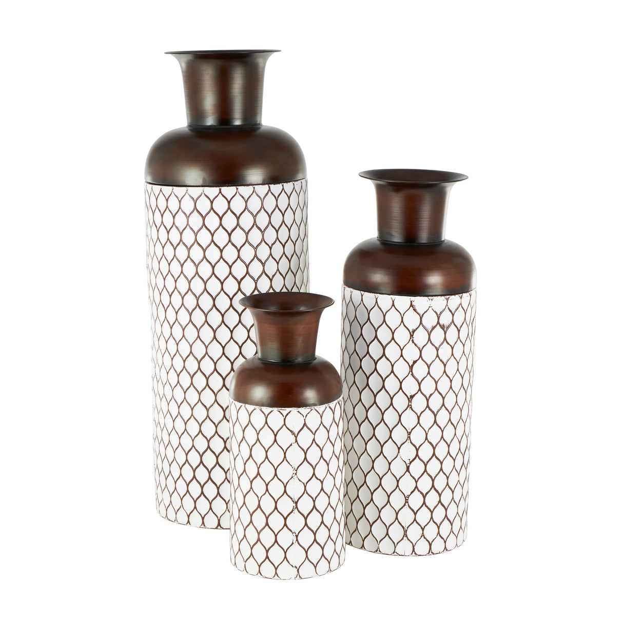 White Metal Tall Floor Vase with Brown Trumpet Tops (Set of 3)