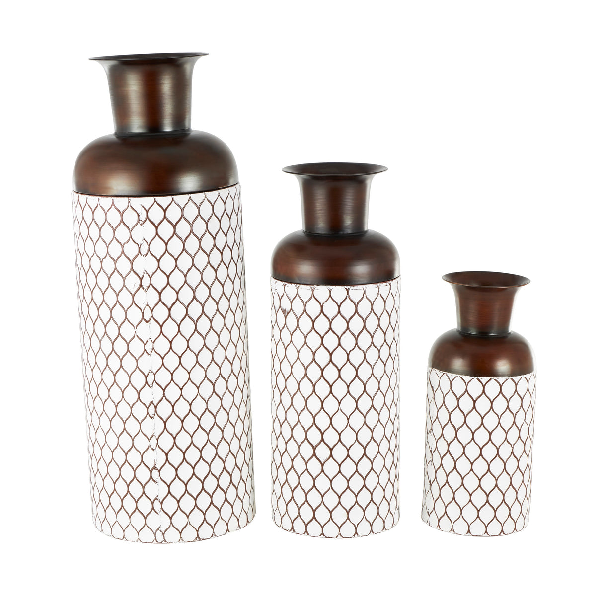 White Metal Tall Floor Vase with Brown Trumpet Tops (Set of 3)
