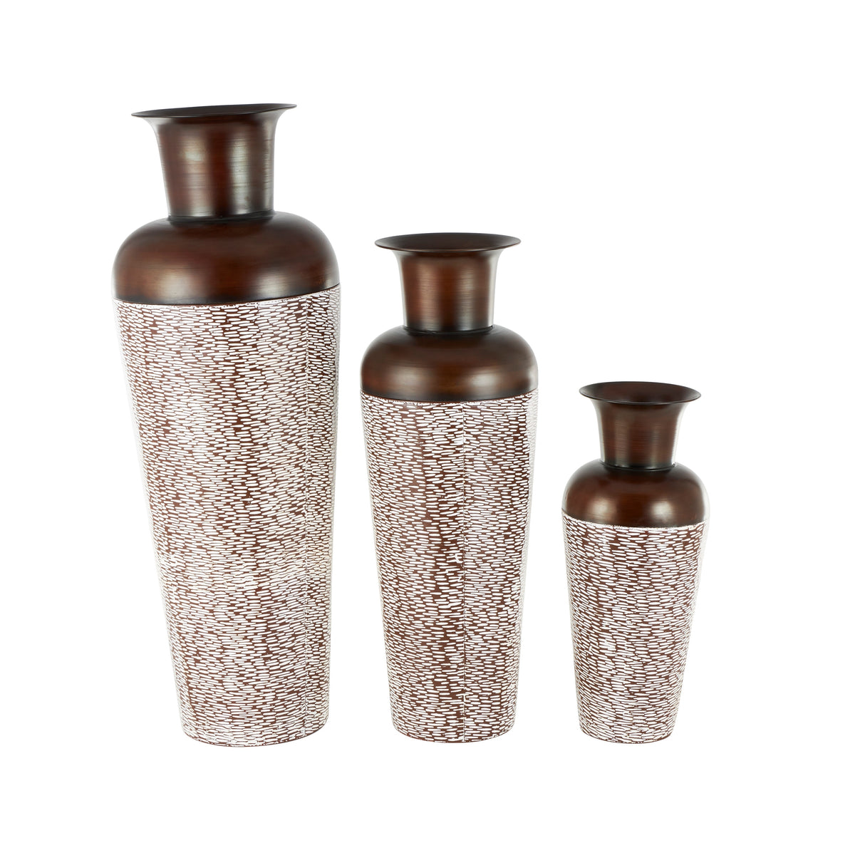 White Metal Tall Floor Vase with Brown Trumpet Tops (Set of 3)