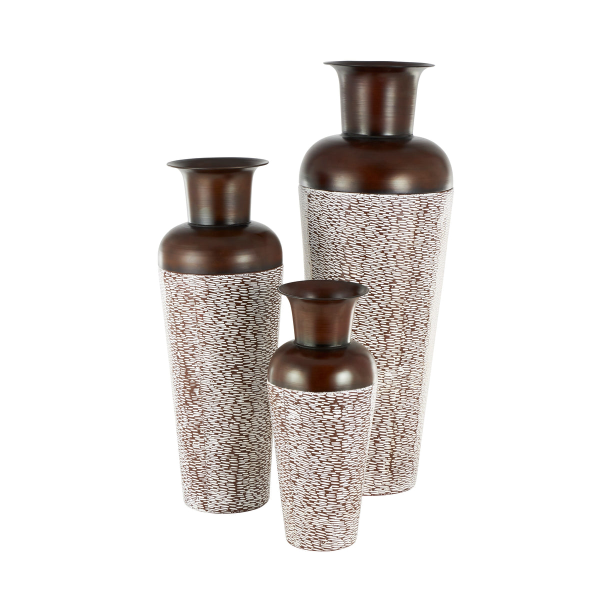 White Metal Tall Floor Vase with Brown Trumpet Tops (Set of 3)