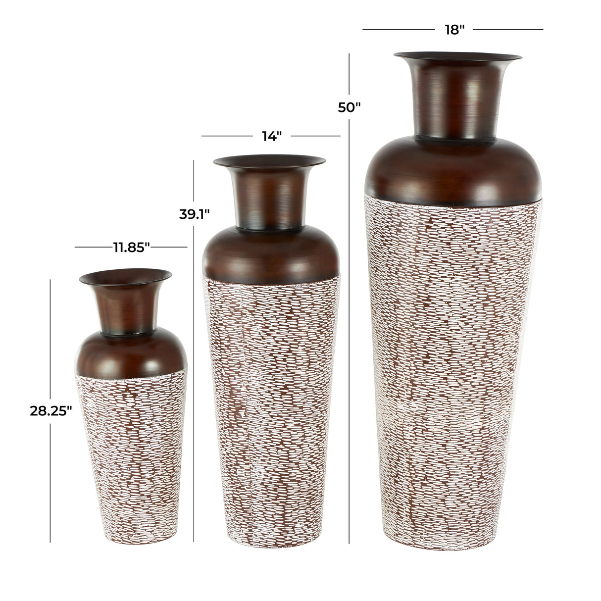 White Metal Tall Floor Vase with Brown Trumpet Tops (Set of 3)